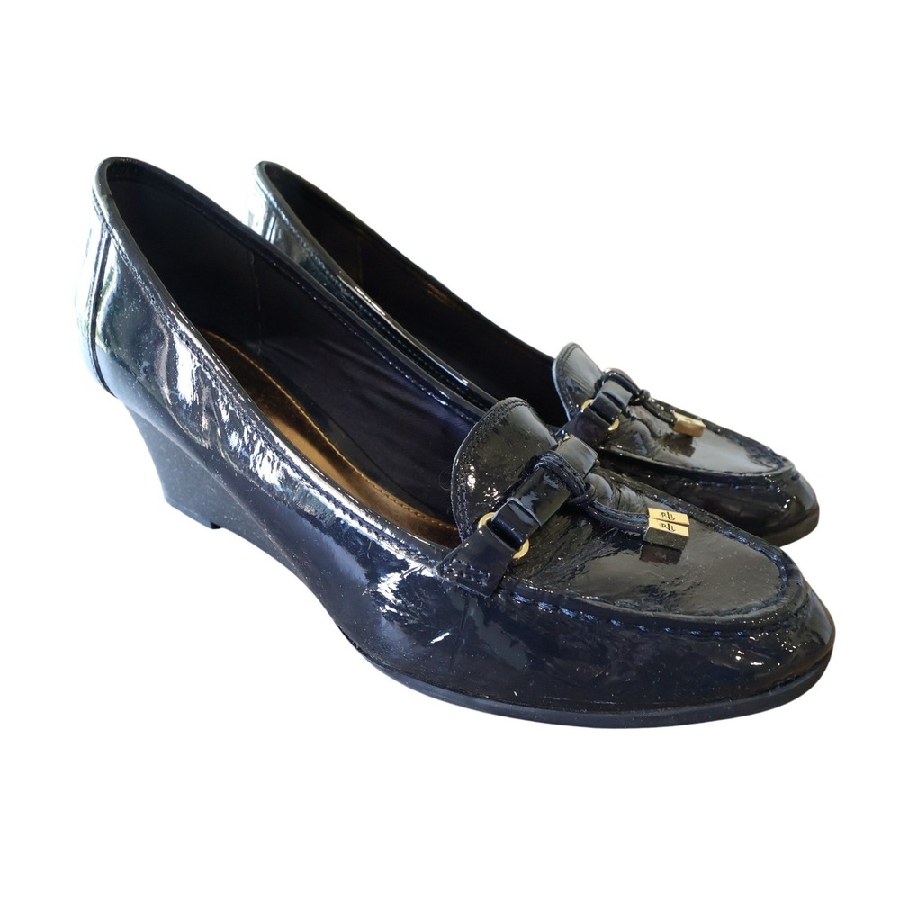 Lauren Ralph Lauren Rory Wedge‎ Loafers Womens 10 Navy Patent Suede